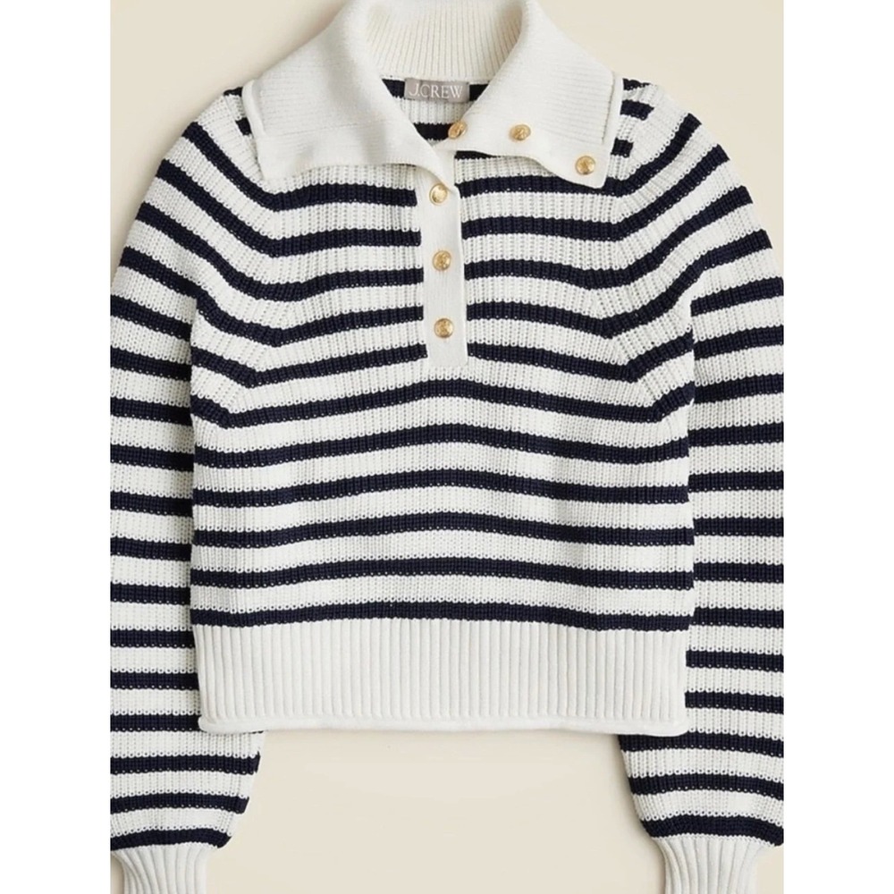 J. Crew Ribbed Cotton Button-Collar Sweaater in Stripe Size S Nautical Old Money